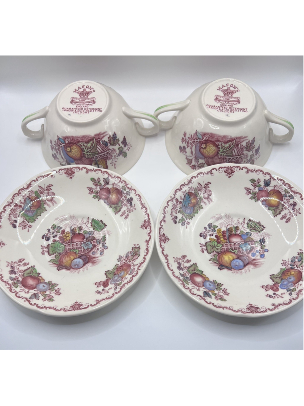 Set of (2) Masons Fruit Basket Soup Bowls Double Handle Mugs Saucers Tea Cups - Picture 6 of 8